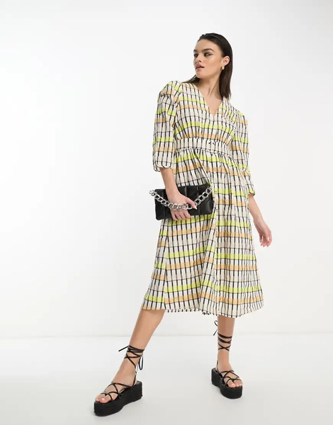  Object Smock Midi Dress In Tiled Print Multi 