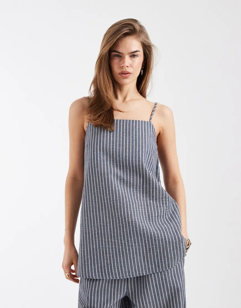  Object Square Neck Sleeveless Top With Tie Back Co Ord In Blue Stripe Navy 
