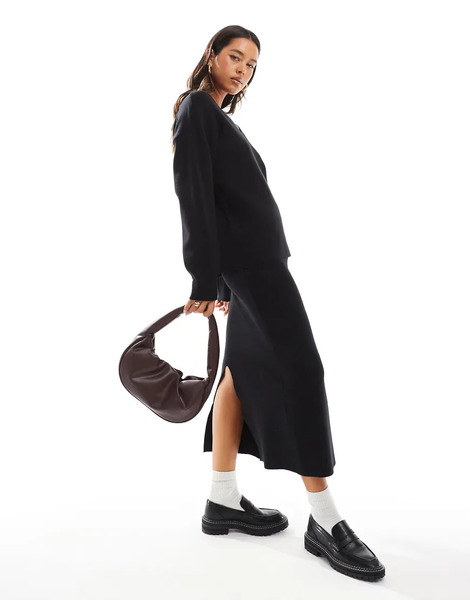  Object Structured Knit Midi Skirt Co Ord In Black 