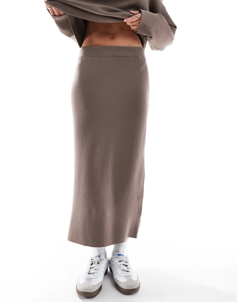  Object Structured Knit Midi Skirt Co Ord In Taupe Brown 