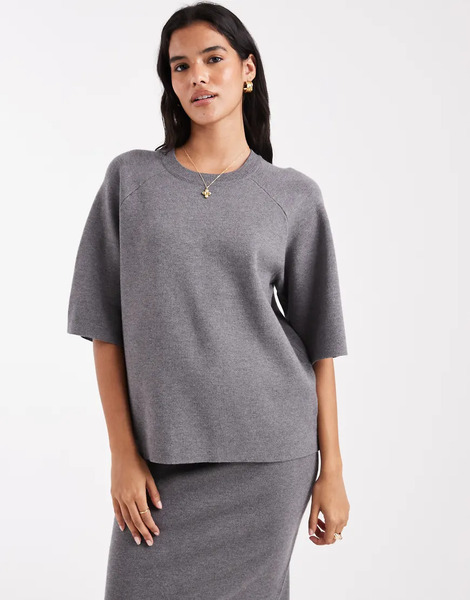  Object Structured Short Sleeve Knitted Jumper Co Ord In Grey 