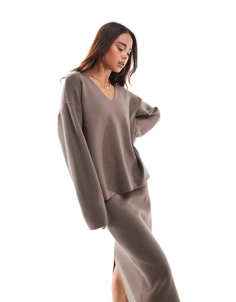  Object Structured V Neck Jumper Co Ord In Taupe Brown 