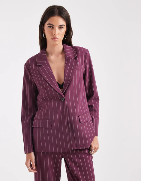  Object Tailored Blazer Co Ord In Burgundy Pinstripe 