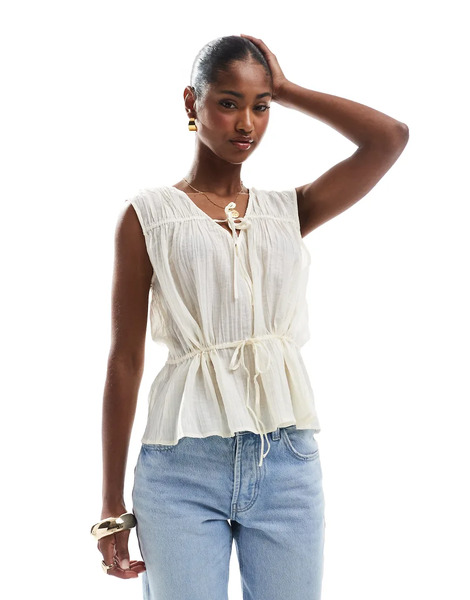  Object Tie Front Ruched Top In Sand White 