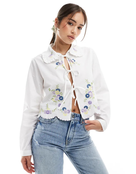  Object Tie Front Shirt With Floral Embroidery In White 