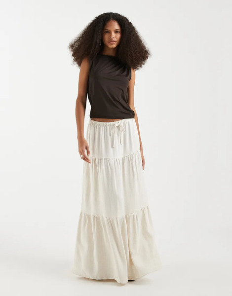  Object Tiered Boho Linen Touch Maxi Skirt In Sandshell White 