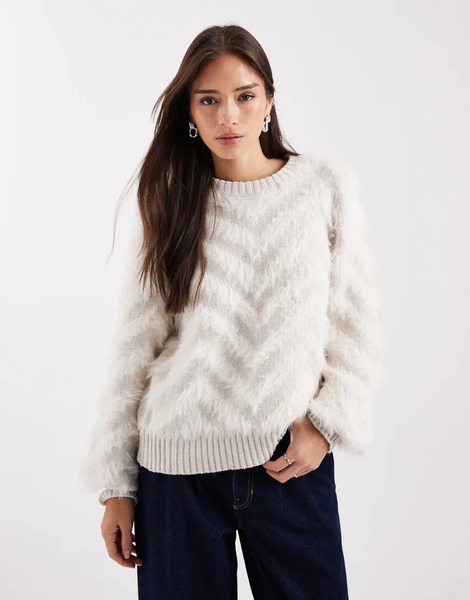  Object Tonal Fluffy Chevron Knitted Jumper In Cream White 