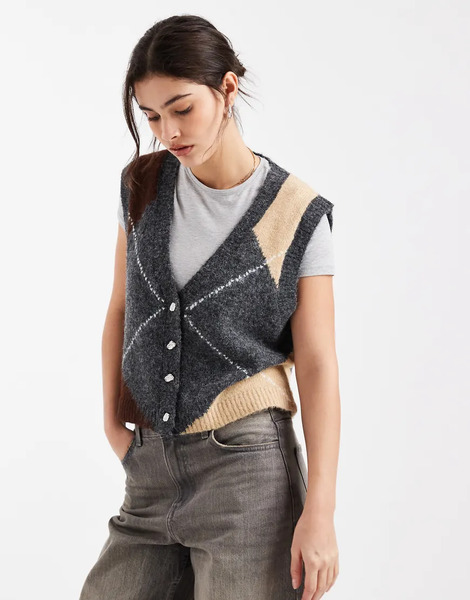  Object V Neck Button Front Knitted Vest In Neutral Argyle Check Print Multi 