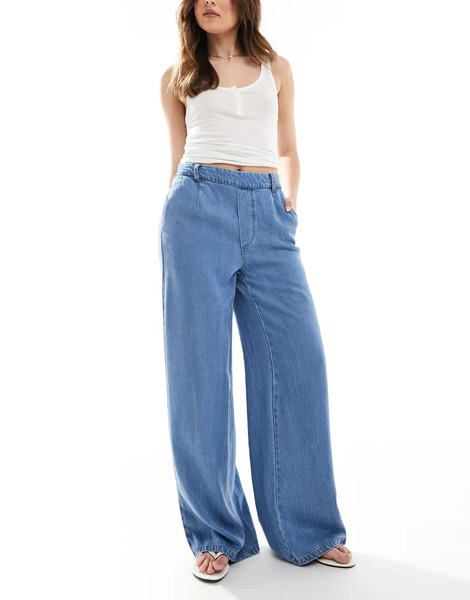  Object Wide Leg Chambray Trousers In Light Blue Denim 