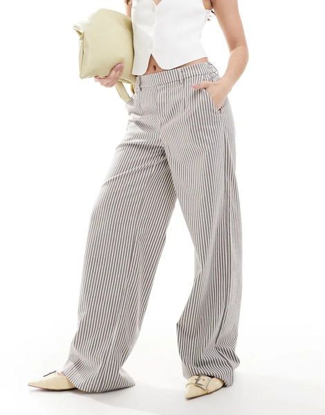  Object Wide Leg Tailored Trousers In Brown And White Stripe 