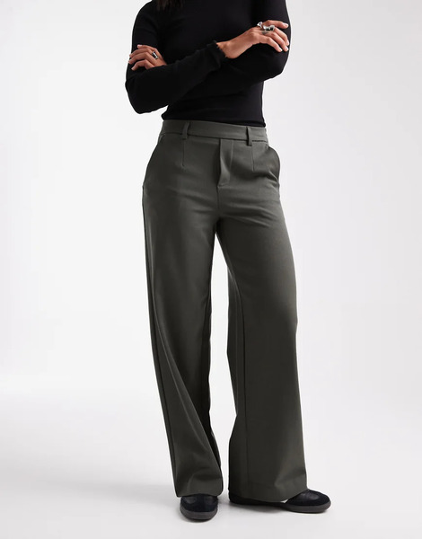 Object Wide Leg Tailored Trousers In Khaki Green 