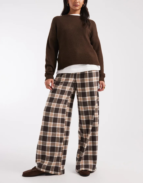  Object Wide Leg Textured Check Trousers In Brown 