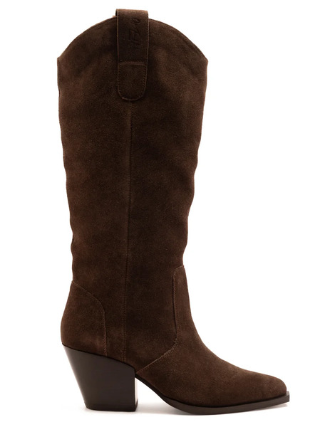  Off The Hook Austin Suede Pointed Toe Knee High Western Boots In Brown 
