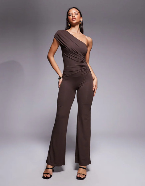  Oh Polly Asymmetric Shoulder Jumpsuit In Brown 