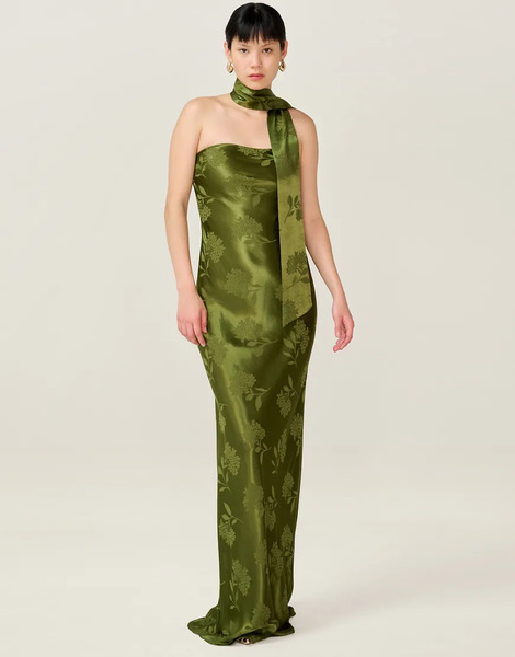  Omnes Dresses Myla Maxi Fitted Viscose Floral Jacquard Dress In Green With Matching Scarf Detail In Green 