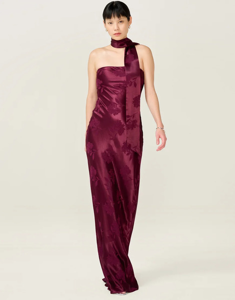  Omnes Dresses Myla Maxi Fitted Viscose Floral Jacquard Dress In Red With Matching Scarf Detail In Red 