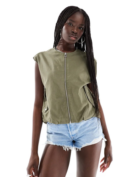  Only Bubble Hem Gilet In Khaki Green 