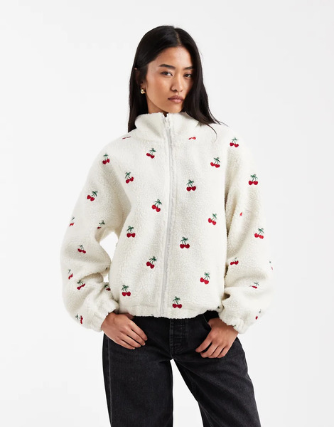  Only Cherry Embroidery Borg Fleece In White 