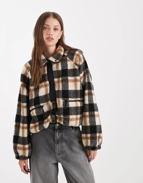  Only Collar Details Borg Jacket In Beige Check Neutral 