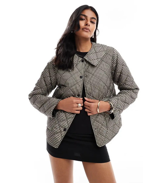  Only Collared Quilted Jacket In Beige Gingham Neutral 