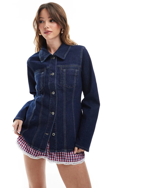  Only Contrast Stitch Fitted Denim Jacket In Dark Blue 