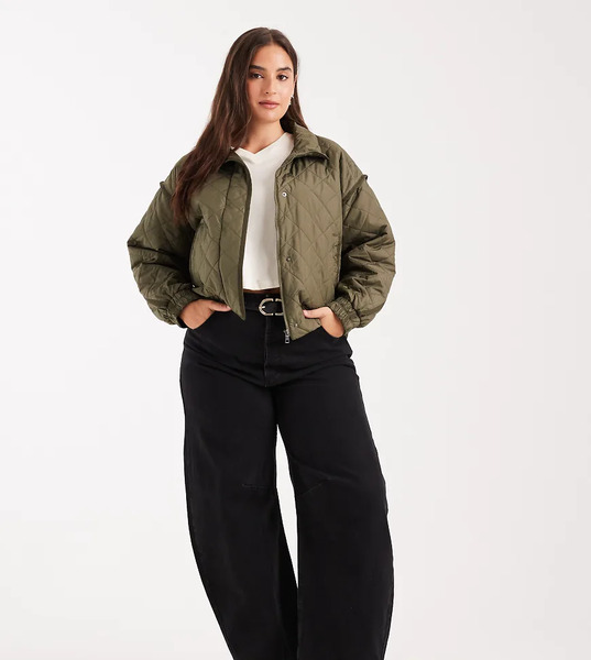  Only Curve Cropped Quilted Bomber Jacket In Khaki Green 