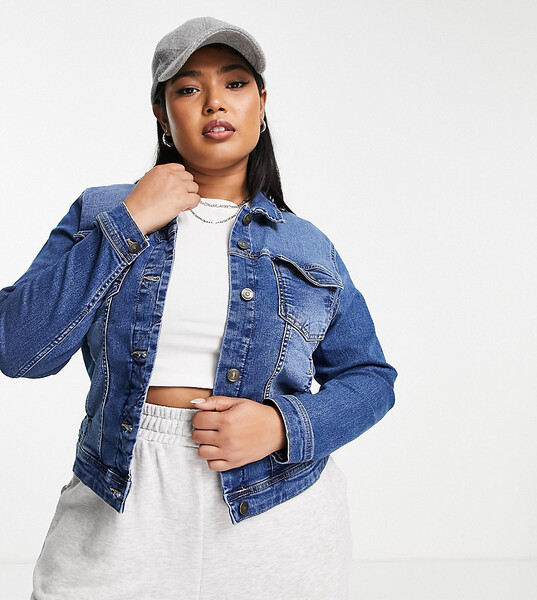  Only Curve Denim Jacket In Mid Blue Wash 