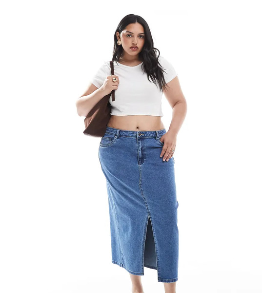  Only Curve Front Slit Denim Midi Skirt In Mid Blue 