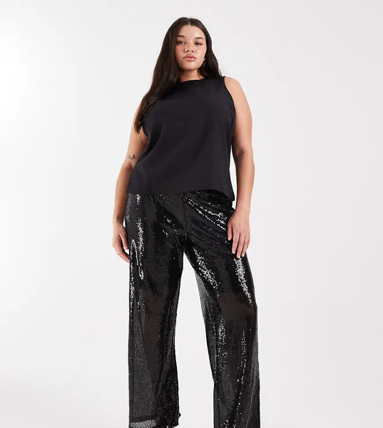  Only Curve High Waist Pull On Sequins Trousers In Black 