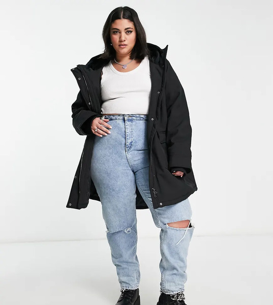  Only Curve Longline Parka Coat In Black 