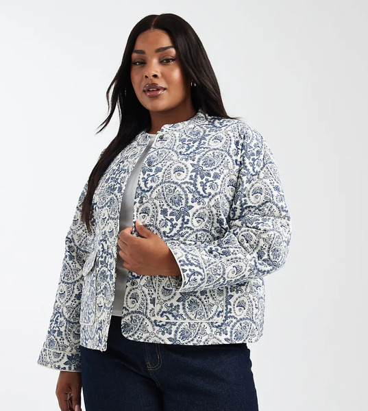  Only Curve Quilted Jacket In Blue Jacquard Print 