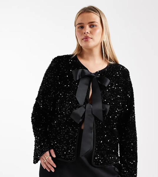  Only Curve Sequin Velvet Tie Front Top In Black 