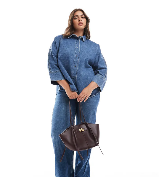  Only Curve 3/4 Sleeve Denim Shirt In Mid Blue 