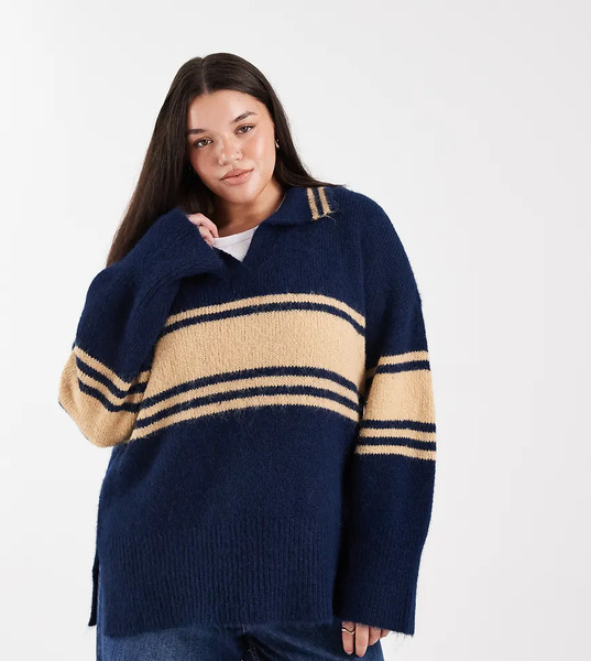  Only Curve Stripes Knitted Polo In Navy 