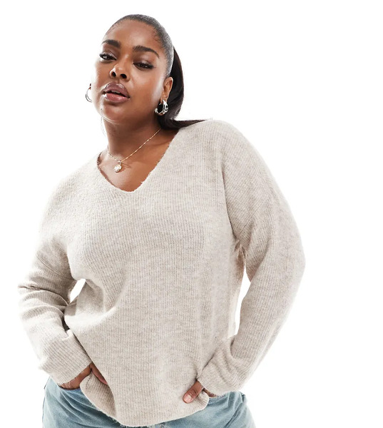  Only Curve V Neck Jumper In Stone Neutral 