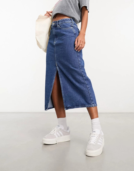  Only Denim Midi Skirt With Front Split In Mid Blue 