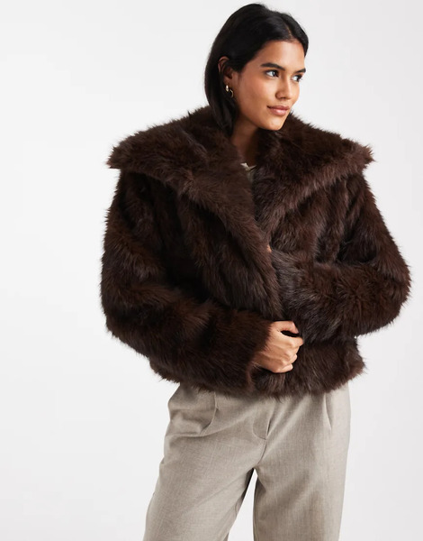  Only Faux Fur Oversized Collar Jacket In Chocolate Brown 