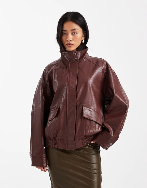  Only Faux Leather Bomber Jacket In Burgundy Red 
