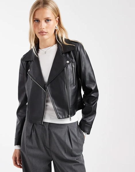  Only Faux Leather Boxy Biker Jacket In Black 