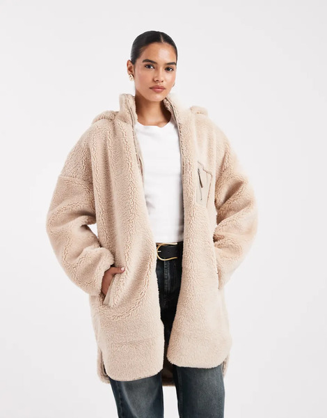  Only Hooded Teddy Jacket In Beige Neutral 