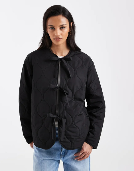  Only Lightweight Tie Front Quilted Jacket In Black 