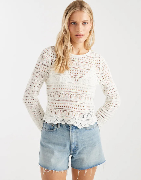  Only Long Sleeve Crochet Top In Beige Neutral 