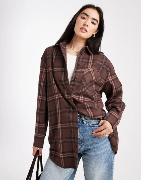  Only Oversized Check Flannel Shirt In Brown 