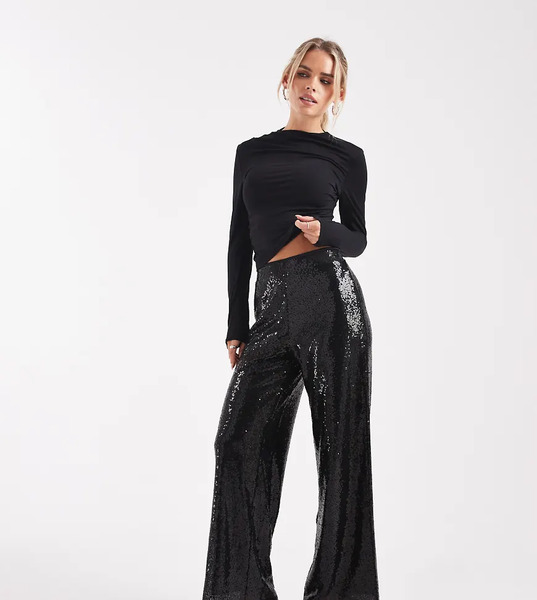  Only Petite High Waist Pull On Sequins Trousers In Black 
