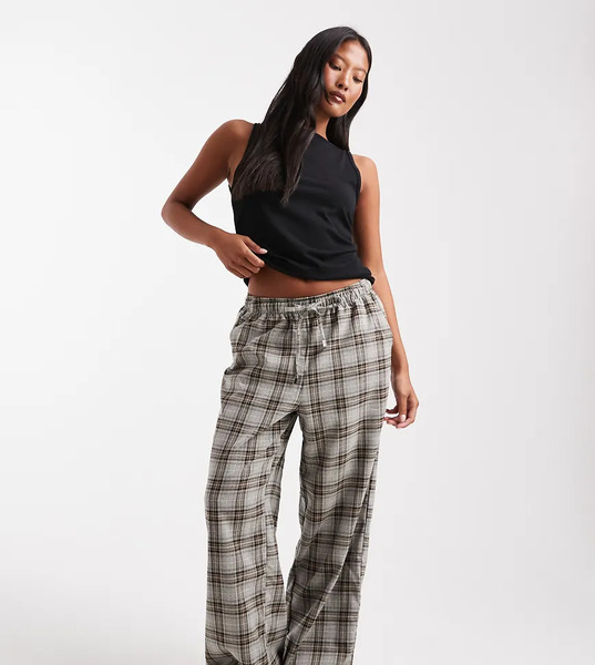  Only Petite Pull On Wide Leg Trousers In Grey Check 