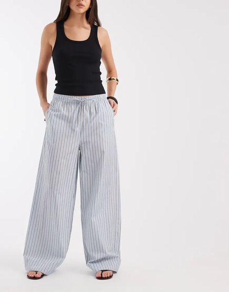  Only Pull On Wide Leg Trousers In Light Blue Stripes 