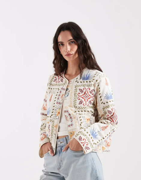 Only Quilted Jacked With Floral Patchwork In Cream White 