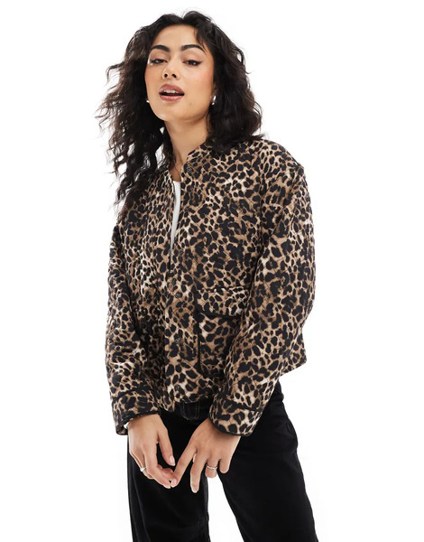  Only Quilted Jacket In Leopard Print Brown 
