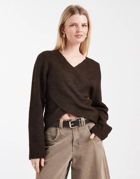  Only Reversible Wrap Around Knitted Jumper In Brown 