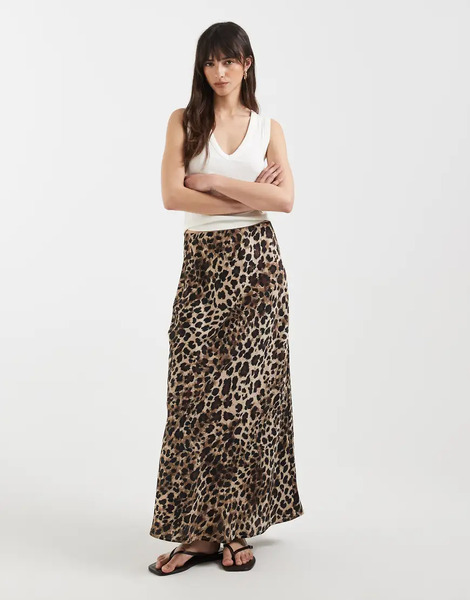  Only Satin Maxi Skirt In Leo Print Brown 